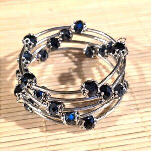 Silver Tone Crystal Wrap Bracelet With Black Faceted Beads & Filigree Details